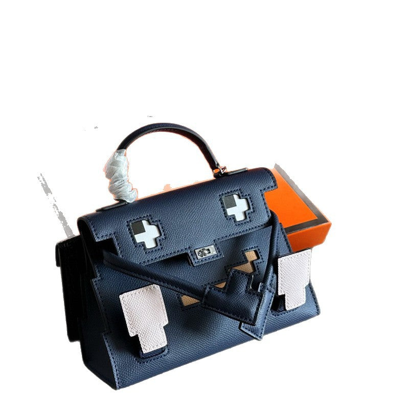 Genuine Leather Mosaic Doll Bag for Women Cross-Grain Cowhide Shoulder Crossbody Handbag, Cute Fashion Purse with Playful Design