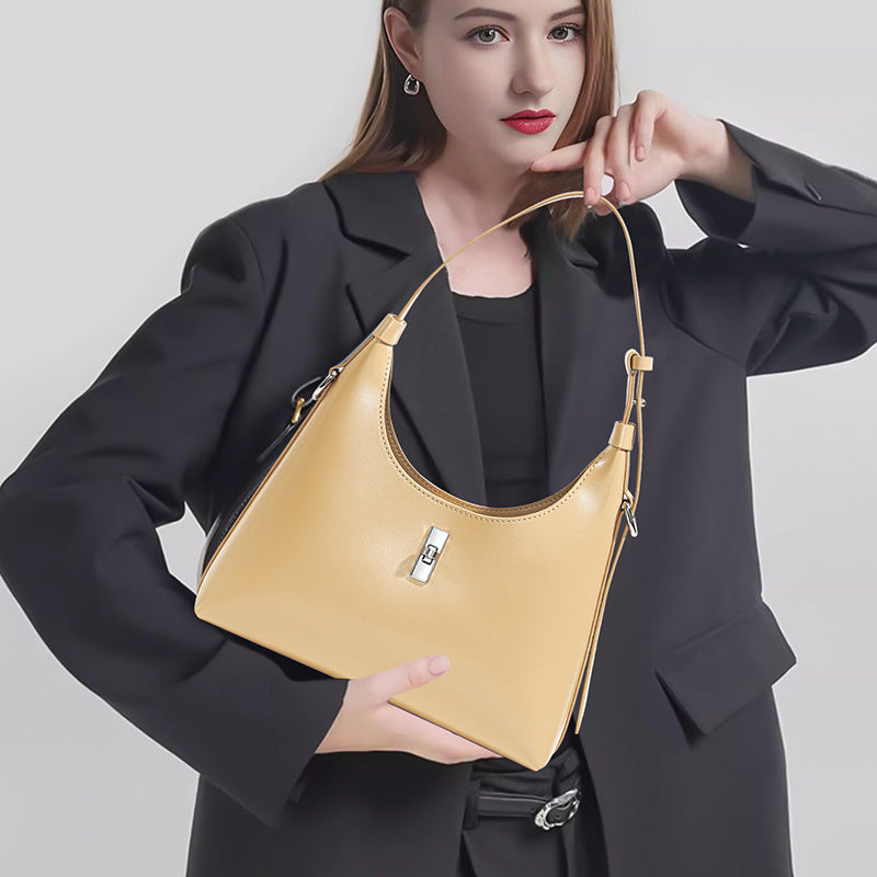 New Vintage Baguette Underarm Tote in Genuine Cowhide, Premium Shoulder Crossbody Top Handle Purse, Versatile Handbag for Women