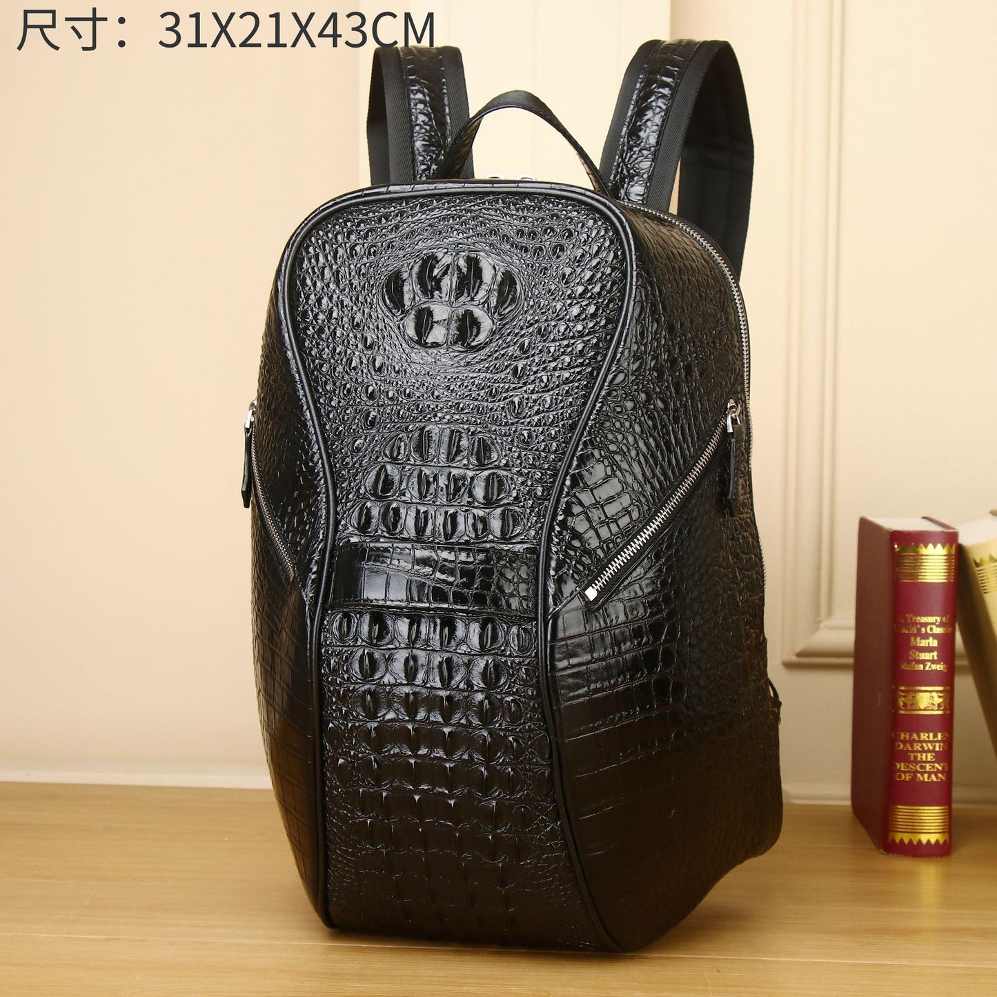 New Arrival Croc-Effect Genuine Leather Backpack for Men, A Large Capacity Multi-Functional Travel Daypack with Fashionable Outdoor Design