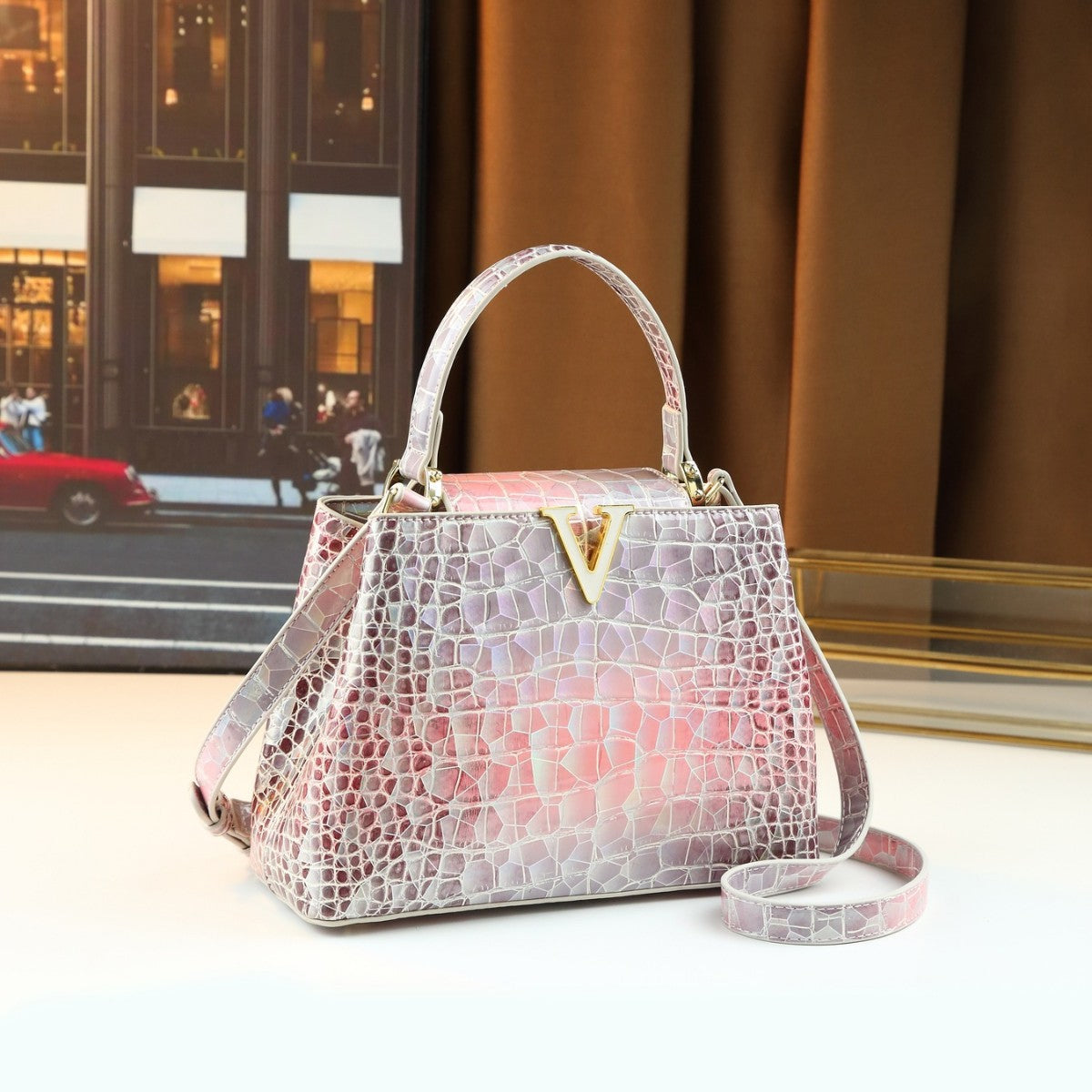 Chic V-Shaped Croc-Effect Small Square Bag for Women, A High-End Versatile Commuter Top-Handle Shoulder Crossbody Handbag, Perfect for Spring/Summer Style