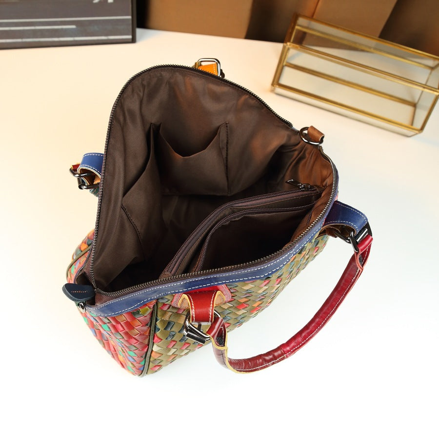 Woven Leather Shell Bag for Women Genuine Leather Large Capacity Top Handle Shoulder Crossbody Handbag, Versatile Everyday Purse with Artisan Weave Detail