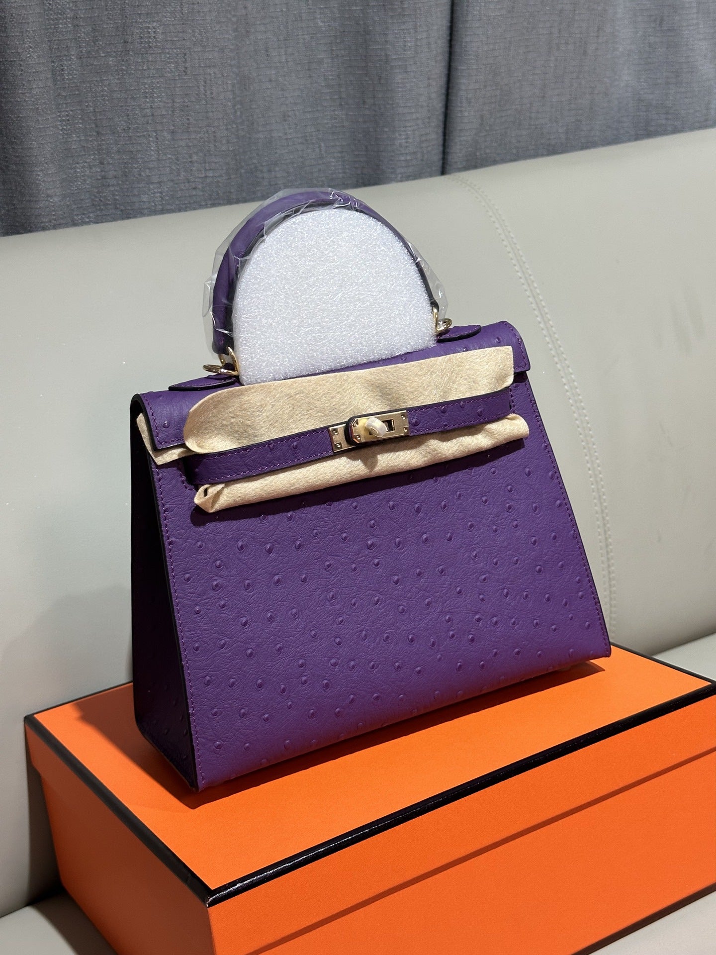 Genuine Top Layer Cowhide Ostrich-Embossed Kelly-Style 25 Bag for Women, Small Square Crossbody Top Handle Purse, Large Capacity Handbag for Ladies