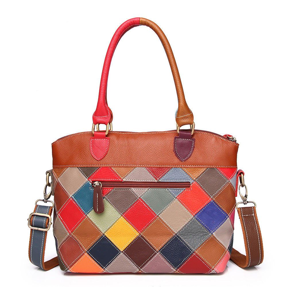 Genuine Cowhide Colorful Patchwork Handbag for Women, New Handmade Plaid Shoulder Top Handle Purse, Trendy Everyday Bag for Ladies