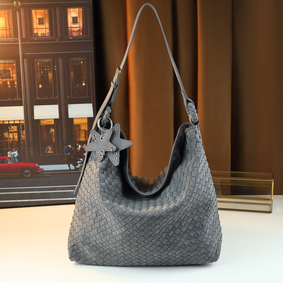 Handmade Frosted Woven Bucket Tote for Women Large Capacity Shoulder Crossbody Purse with Five-Pointed Star Design, Perfect for Fall Winter & Everyday Use