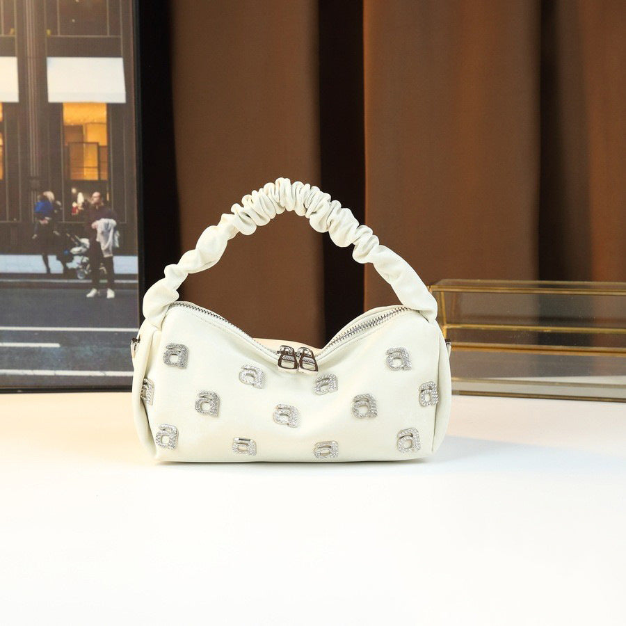 New Arrival Rhinestone Letter Pleated Bag for Women, A Casual Versatile Shoulder Underarm Handbag with Trendy Design, Perfect for Evening & Daily Use