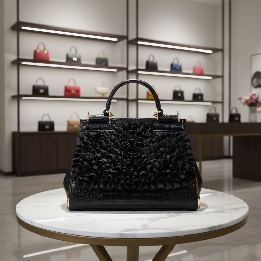 Genuine Leather Ruffle Top Handle Handbag for Women, Premium Textured Light Luxury Bag, Designer Style Ladies Purse