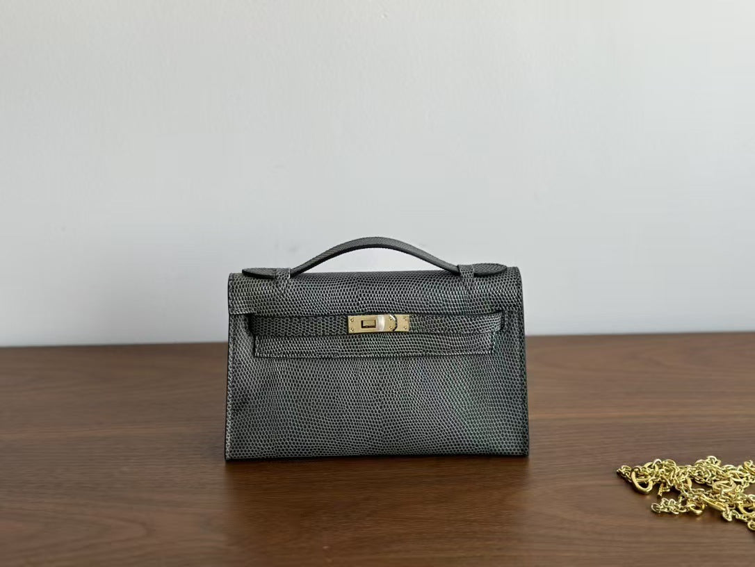 Genuine Lizard-Embossed Cowhide Mini Kelly-Style Bag for Women, Hermès-Inspired Shoulder Crossbody Top Handle Purse, Light Luxury Everyday Handbag for Ladies
