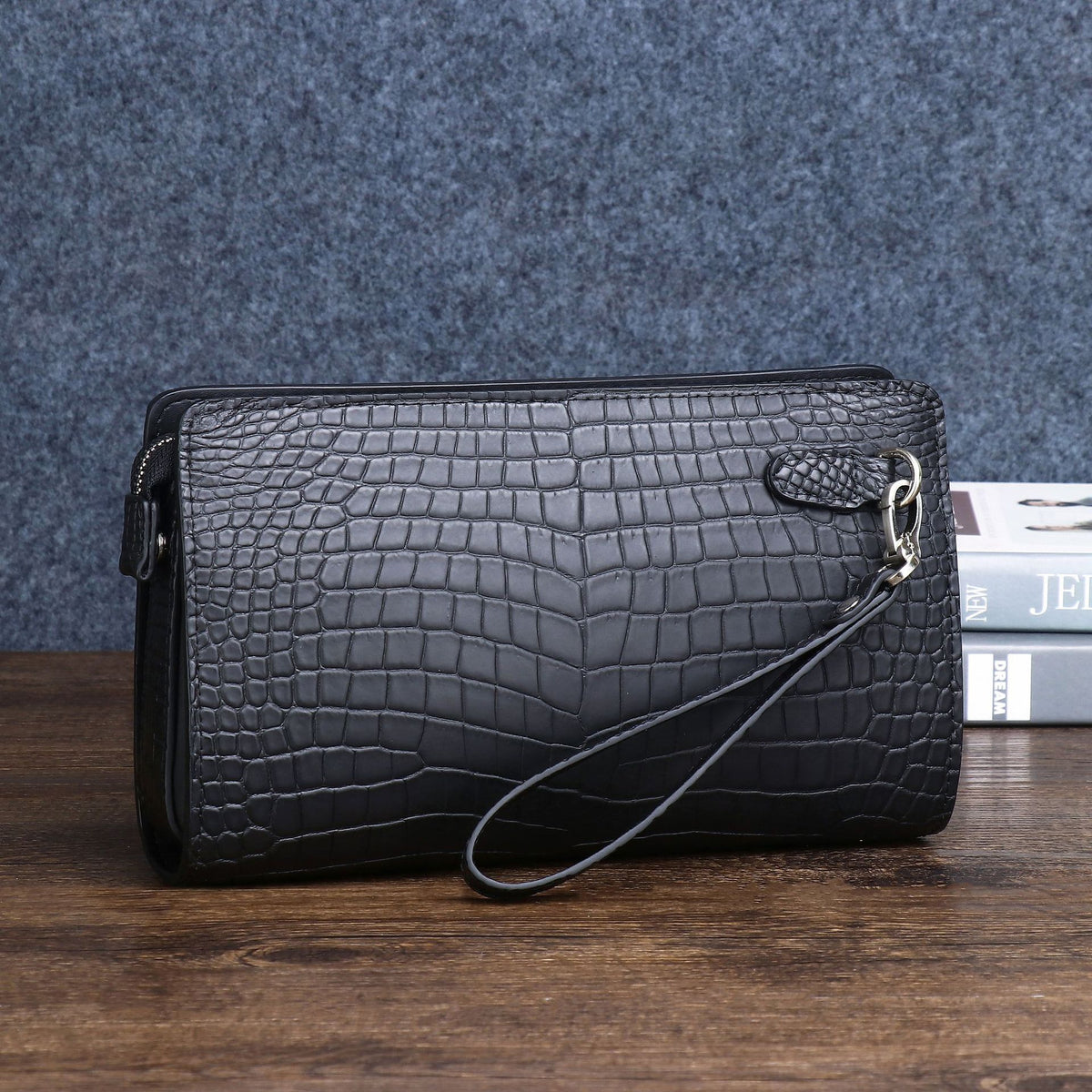 New Arrival Matte Black Croc-Effect Large Clutch for Men, A Business Document Organizer with Combination Lock & Multiple Card Slots, Multi-Functional Wallet