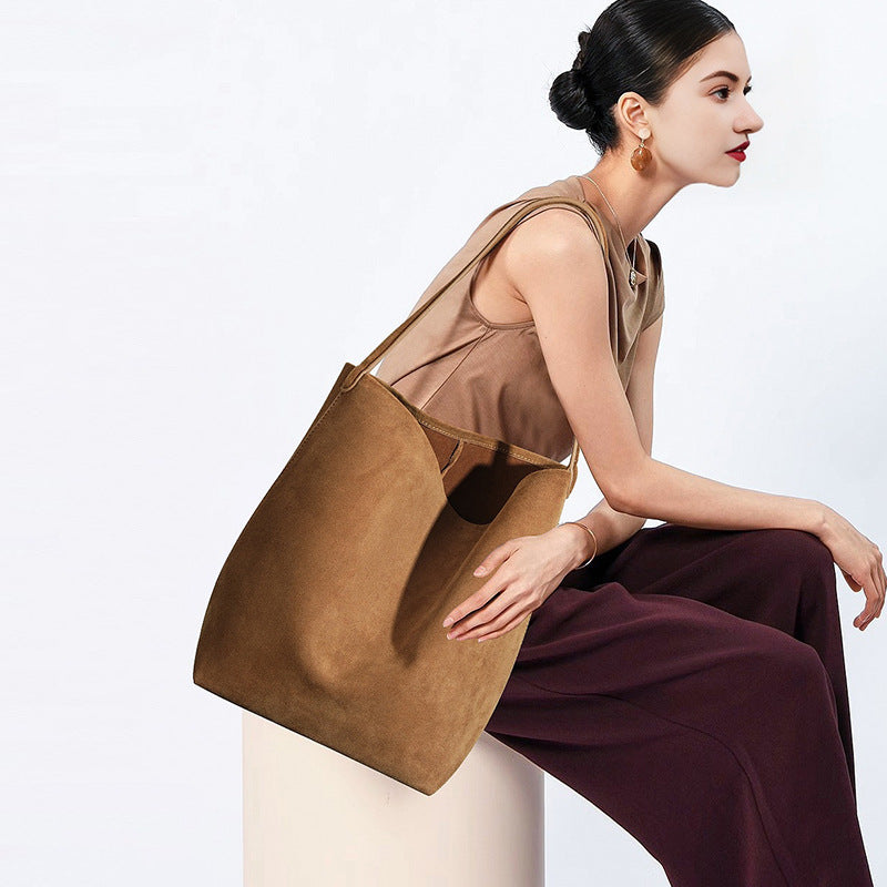 Genuine Matte Leather Bucket Bag for Women, Niche Versatile Solid Color Commute Shoulder Top Handle Purse, Premium Large Capacity Handbag for Ladies