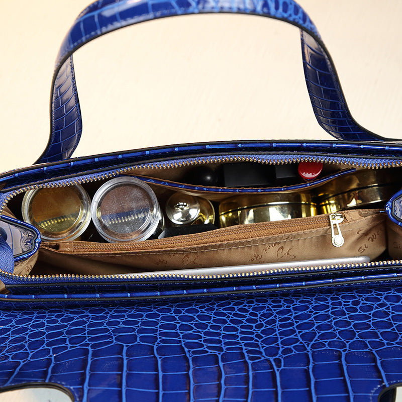 Chic Large Capacity Blue Croc-Effect Boston Bag for Women, A Trendy Top-Handle Shoulder Crossbody Handbag with Spacious Design 6070