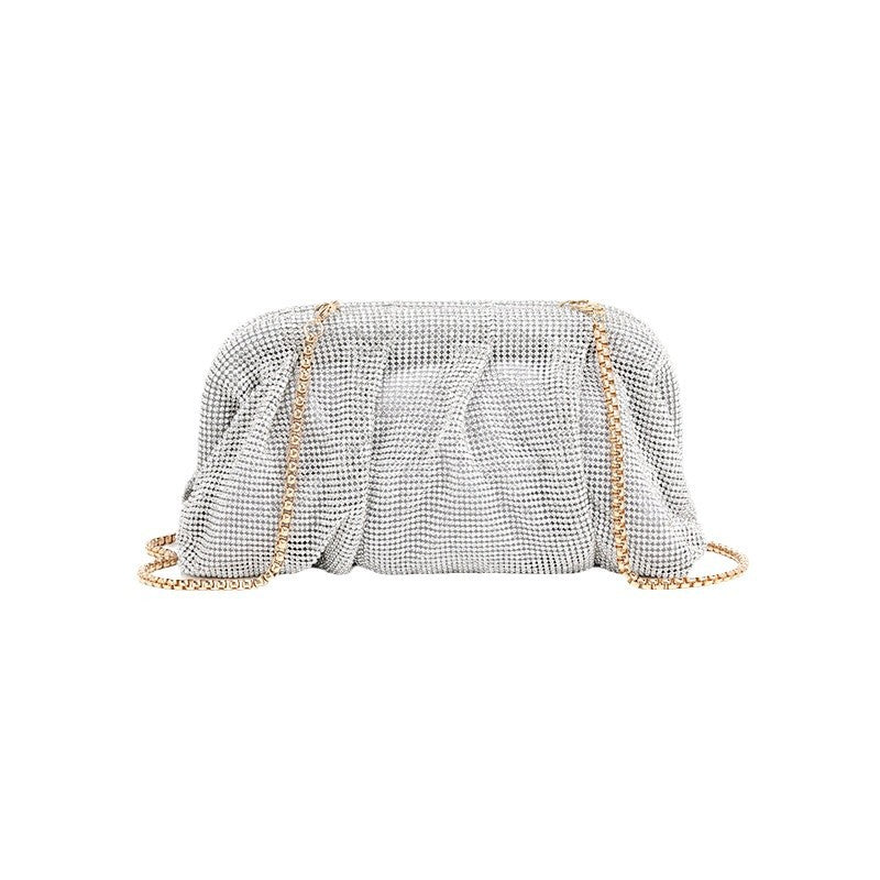 Light Luxury Handmade Rhinestone Evening Clutch for Women, Sparkly Pleated Party Bag, Crystal-Studded Shoulder Crossbody Purse for Formal Events