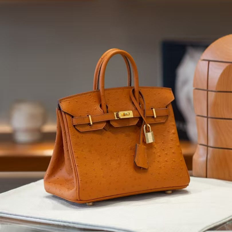 Genuine Top Layer Cowhide Ostrich-Embossed Birkin-Style Bag for Women, New Large Capacity Casual Top Handle Handbag, Premium Leather Purse for Ladies