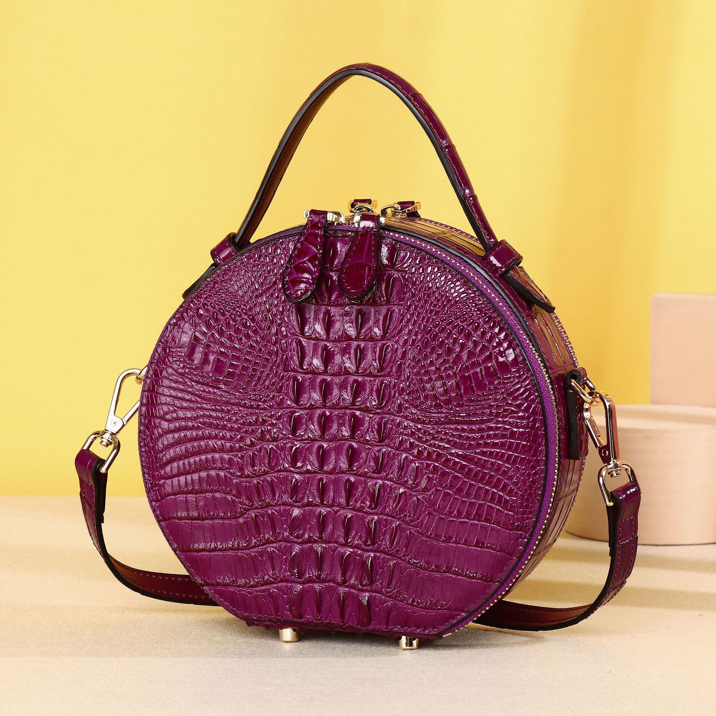 New Arrival Croc-Effect Round Handbag for Women, A Minimalist Casual Top-Handle Crossbody Shoulder Bag with Multi-Layer Design & Fashionable Style