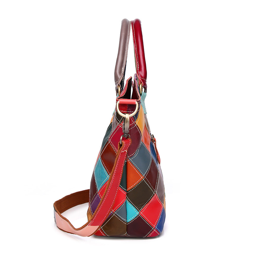 Genuine Cowhide Colorful Plaid Color Block Handbag for Women, New Top Handle Shoulder Purse, Trendy Everyday Bag for Ladies