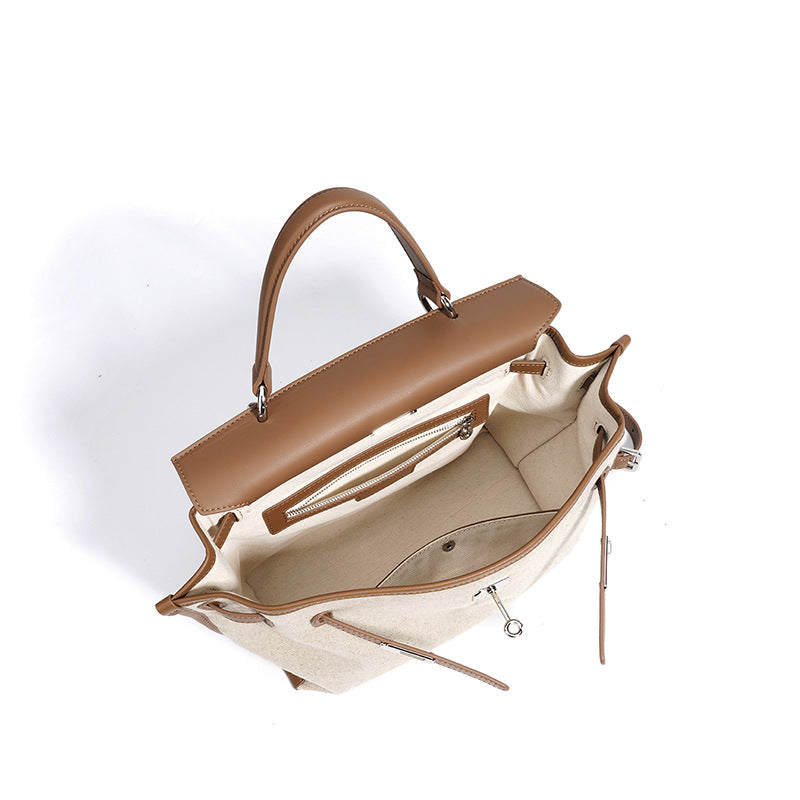 Genuine Leather & Linen Versatile Top Handle Backpack for Women, Korean Style High-End Commute Daypack, Premium Casual Bag for College Students and Ladies