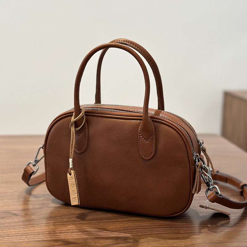 Genuine Top Layer Cowhide Handbag for Women, Fall Winter Academic Vintage Commute Shoulder Crossbody Bag, Minimalist Japanese Style Purse for Ladies