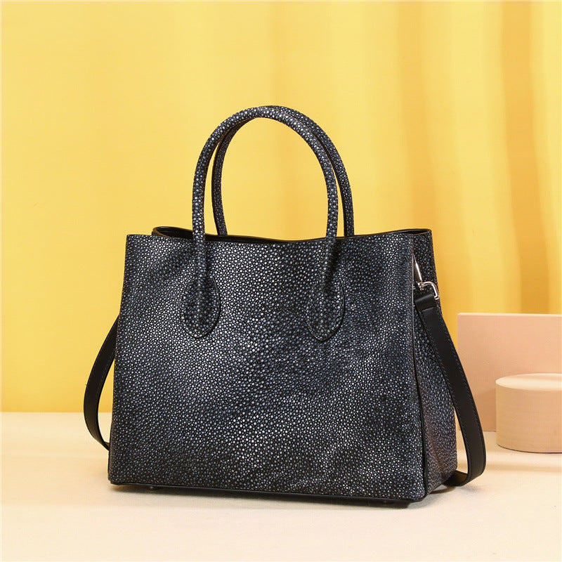 Genuine Leather Pearl Fish Grain Tote Bag for Women Large Capacity Garden Shoulder Handbag, Starry Textured Purse for Banquet & Everyday Style