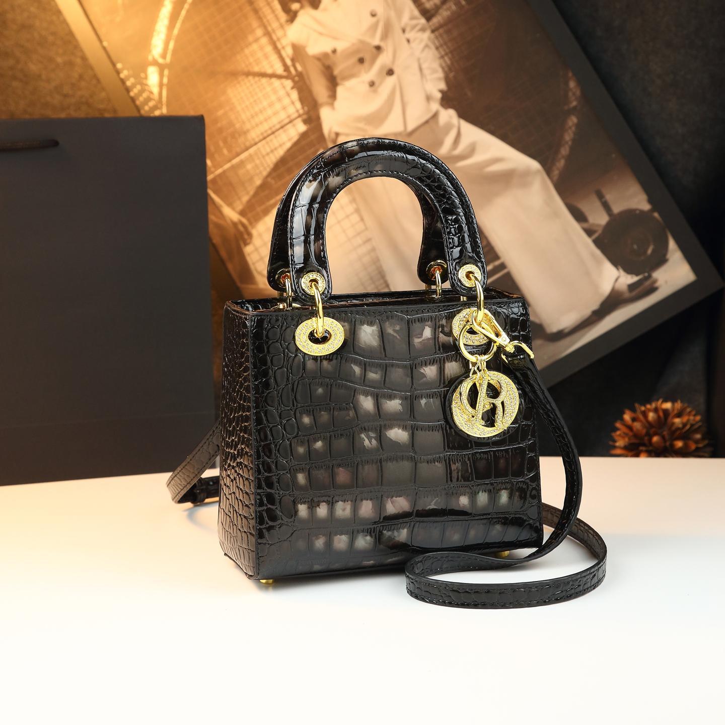 New Arrival Croc-Effect Lady-Inspired Small Square Bag for Women, A Genuine Leather Shoulder Crossbody Top-Handle Handbag with Premium Design