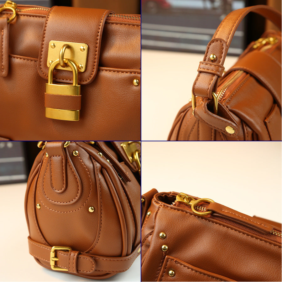 Y2K Style Lock Chain Tote Bag for Women Vintage Soft Leather Large Capacity Shoulder Crossbody Handbag with Trendy Hardware Accent