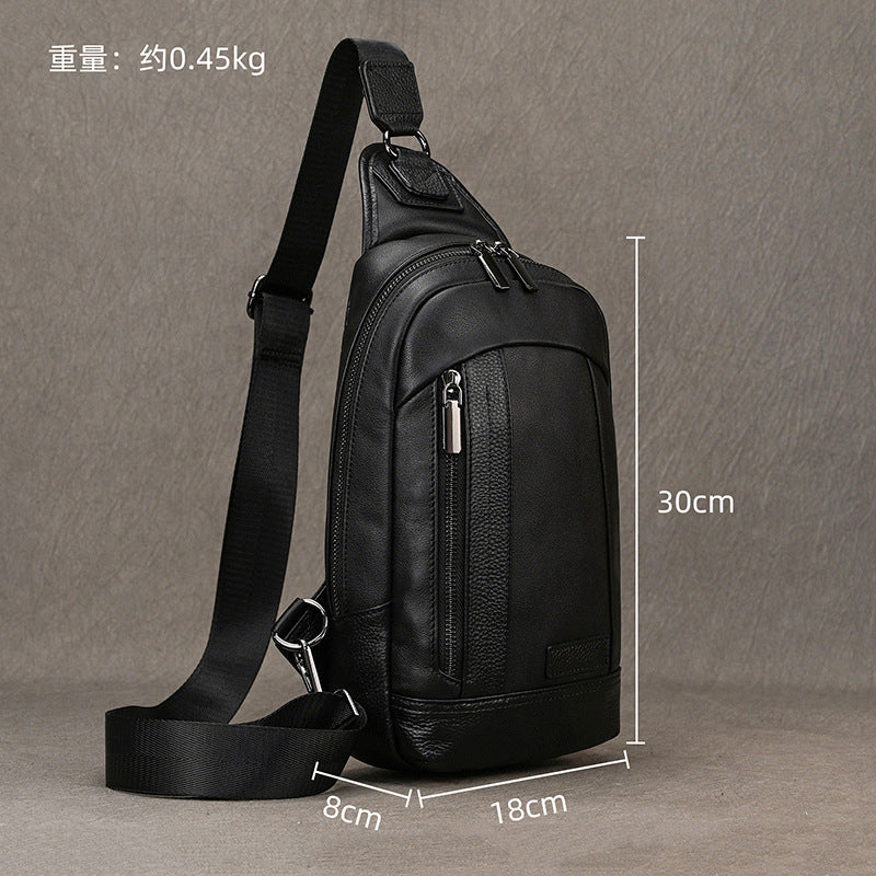 Black Genuine Leather Large Capacity Chest Bag, Crossbody Shoulder Backpack Fits iPad, Casual Work Commute Bag for Men