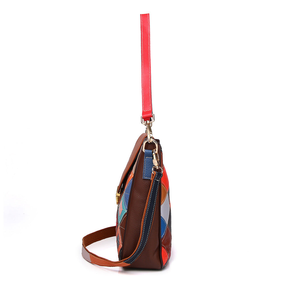 Genuine Top Layer Cowhide Colorful Color Block Shoulder Bag for Women, New Niche Designer Handbag, Trendy Everyday Purse for Ladies
