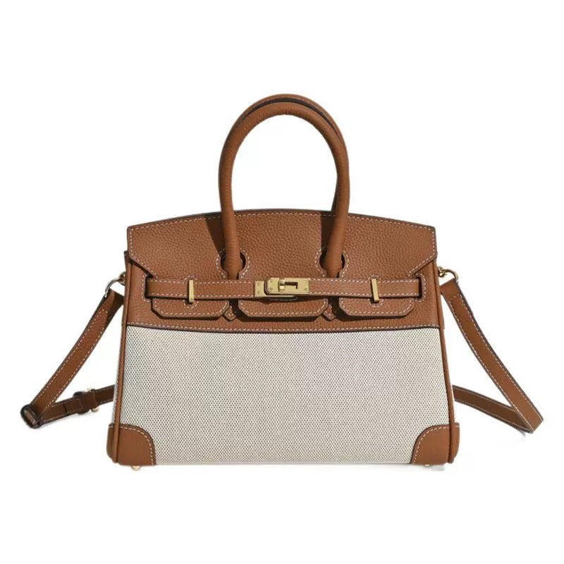 Chic Minimalist Canvas & Leather Birkin-Inspired Tote Bag for Women, Casual Bucket Handbag with Spliced Design, Versatile Top-Handle Shoulder Purse for Everyday Style
