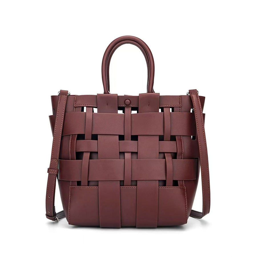 Hollow Woven Bucket Bag for Women Large Capacity Commuter Shoulder Crossbody Handbag, Versatile Trendy Purse with Natural Woven Texture