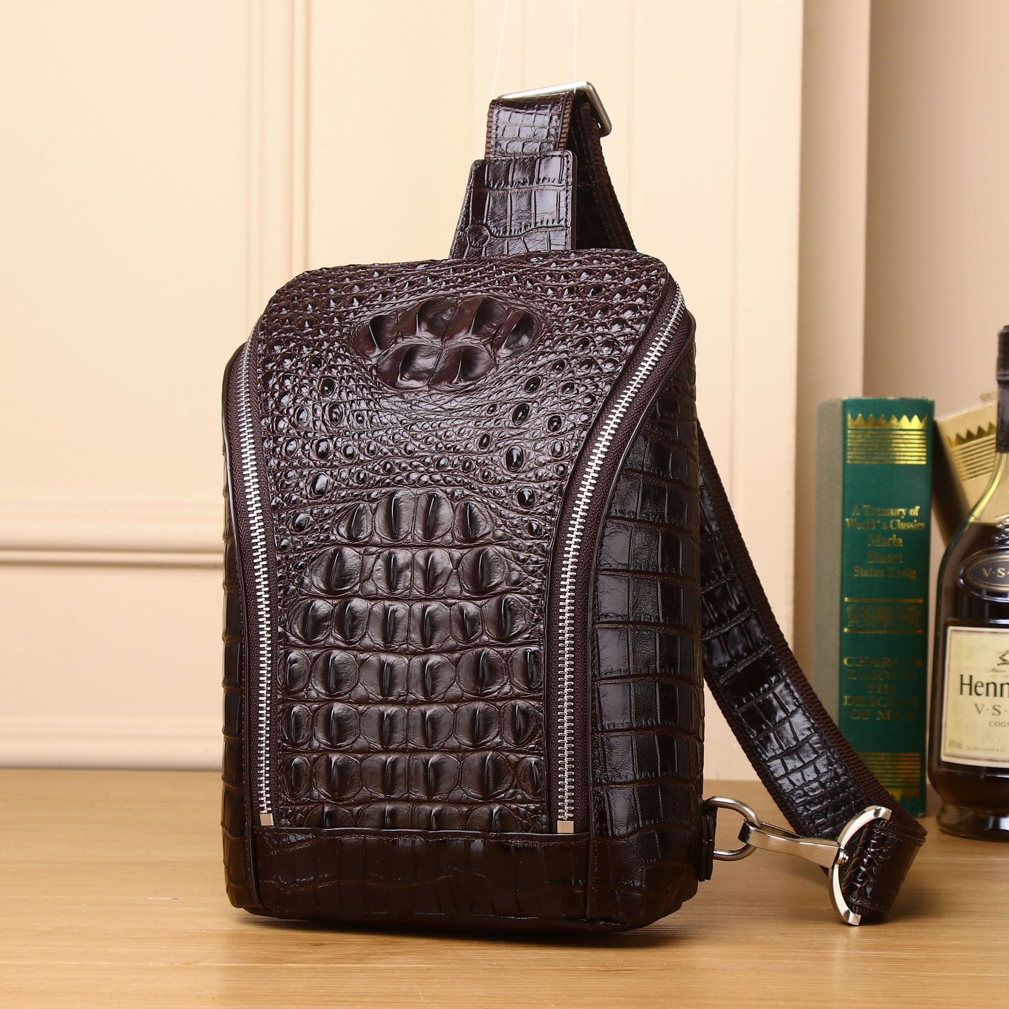 New Arrival Croc-Effect Genuine Leather Chest Bag for Men, A Large Capacity Crossbody Shoulder Small Cowhide Bag with Casual Design