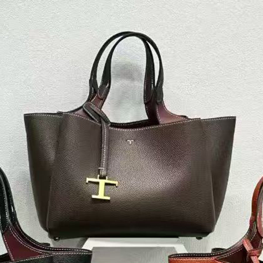 Pebble Grain Tote Bag for Women with T-Shaped Charm Detail, Large Capacity Commuter Shoulder Crossbody Handbag with Versatile Everyday Design