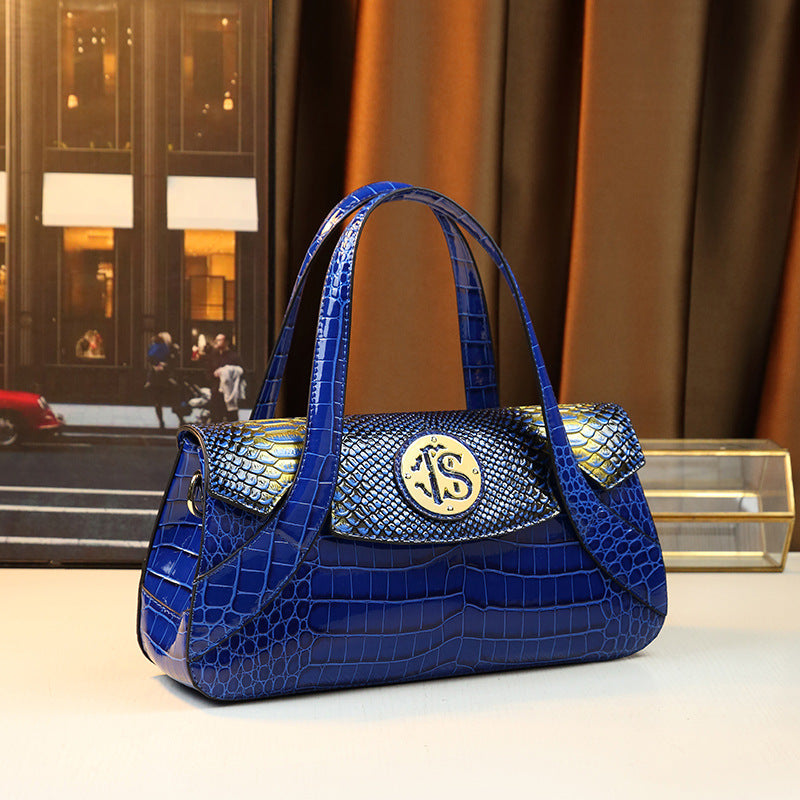 Chic Large Capacity Blue Croc-Effect Boston Bag for Women, A Trendy Top-Handle Shoulder Crossbody Handbag with Spacious Design 6070