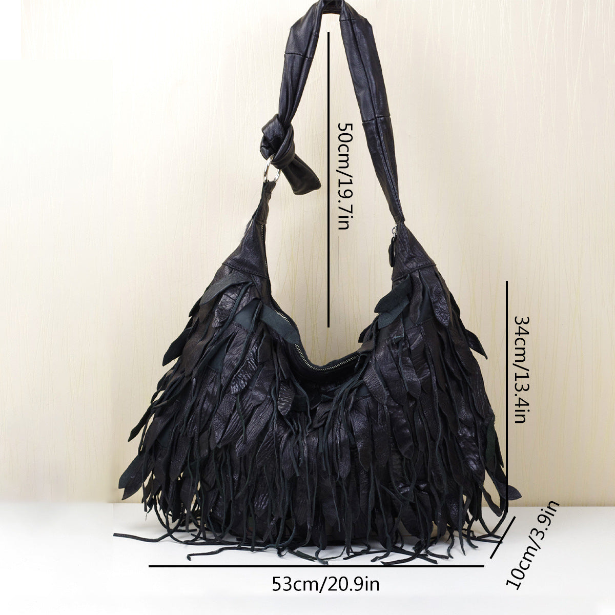 Genuine Leather Black Striped Fringe Hobo Handbag for Women, Soft Slouchy Bohemian Shoulder Purse, Casual Trendy Bag for Ladies