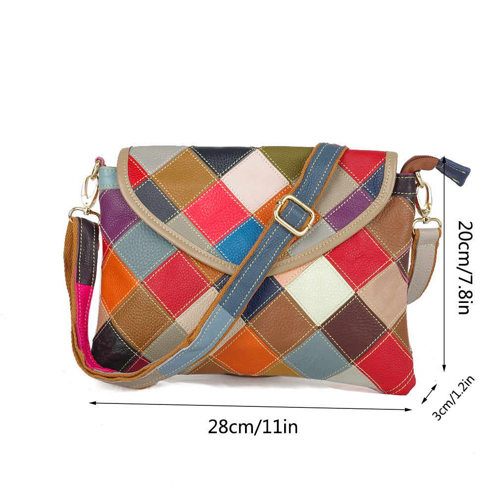 Genuine Leather Colorful Patchwork Envelope Bag for Women, Handmade Crossbody Shoulder Small Purse, Unique Designer Handbag for Ladies