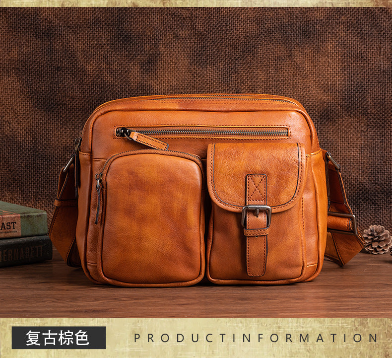 Genuine Italian Top Layer Cowhide Leather Crossbody Bag for Men, Hand-Stained Casual Shoulder Handbag, Premium Quality Top Handle Purse for Gentlemen