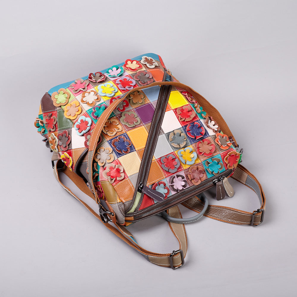 Genuine Top Layer Cowhide Vintage Color Block Patchwork Backpack, Large Capacity Travel School Daypack, Commute Bag for Men and Women, Casual Leather Rucksack