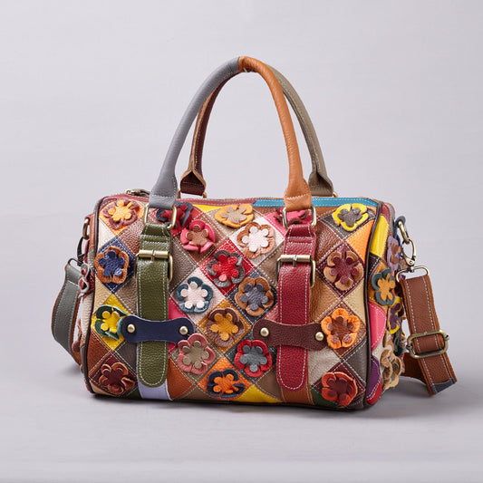 Genuine Leather Vintage Multicolor Color Block Floral Patchwork Handbag for Women, European Style Handmade Shoulder Crossbody Top Handle Purse, Designer Bag for Ladies