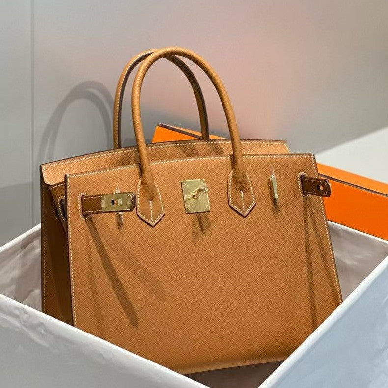 Top Layer Cowhide Birkin-Style Bag with External Stitching BK25/30, Large Capacity Versatile Top Handle Handbag, Premium Leather Purse for Ladies