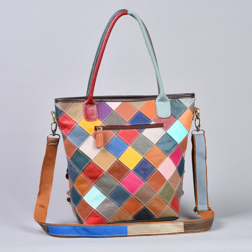 New Floral Patchwork Top Layer Cowhide Bag, European Handmade Unique Shoulder Crossbody Tote Purse, Stylish Handbag for Women