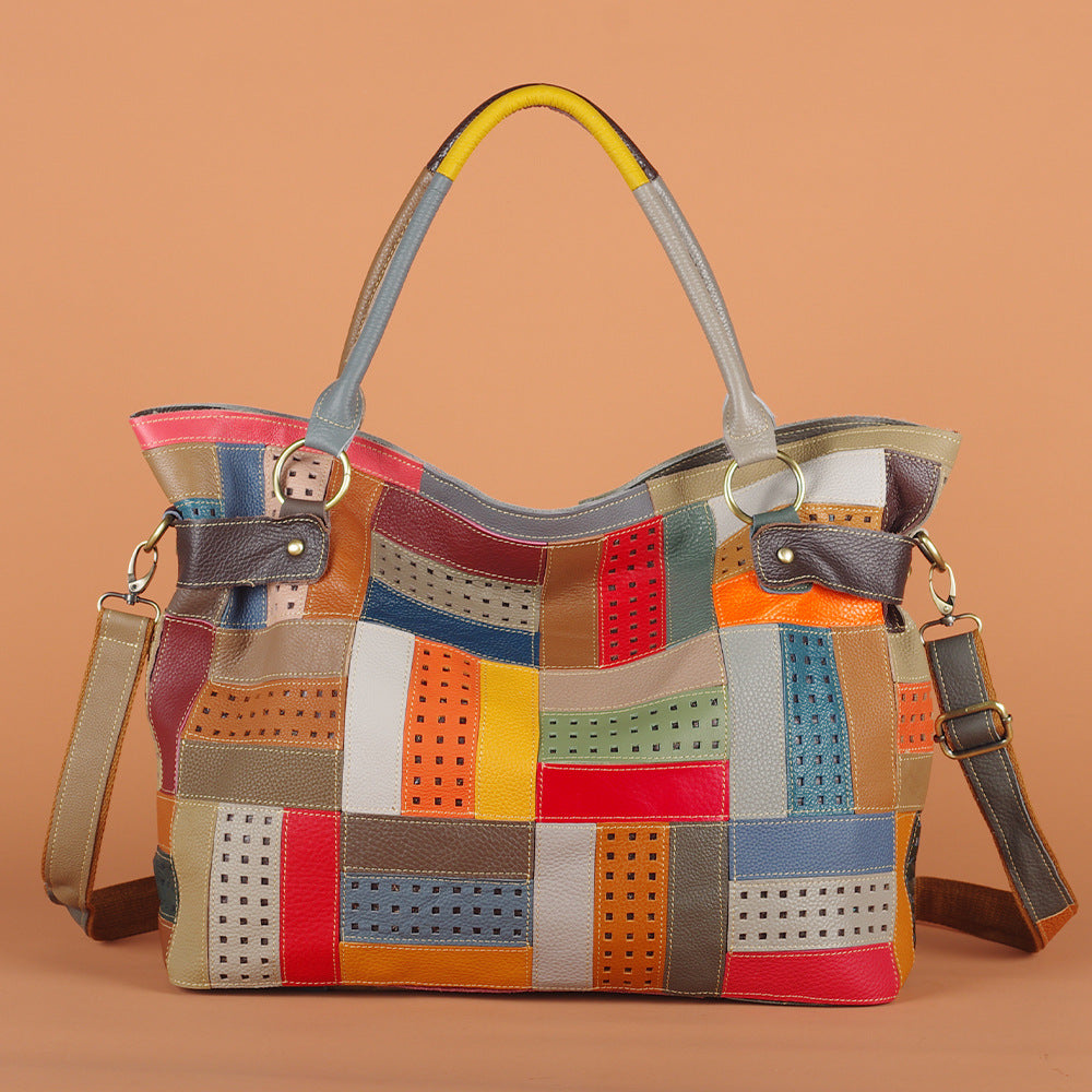 Colorful Stripe Geometric Bag in Genuine Cowhide, Random Color Block Large Capacity Shoulder Crossbody Tote, Stylish Handbag for Women