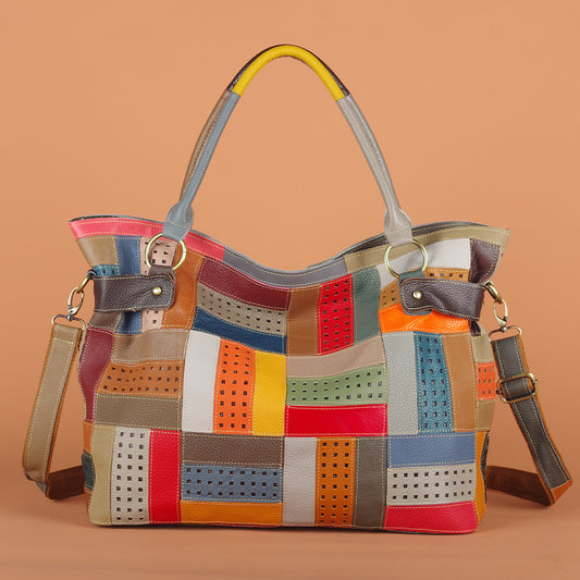 Colorful Stripe Geometric Bag in Genuine Cowhide, Random Color Block Large Capacity Shoulder Crossbody Tote, Stylish Handbag for Women