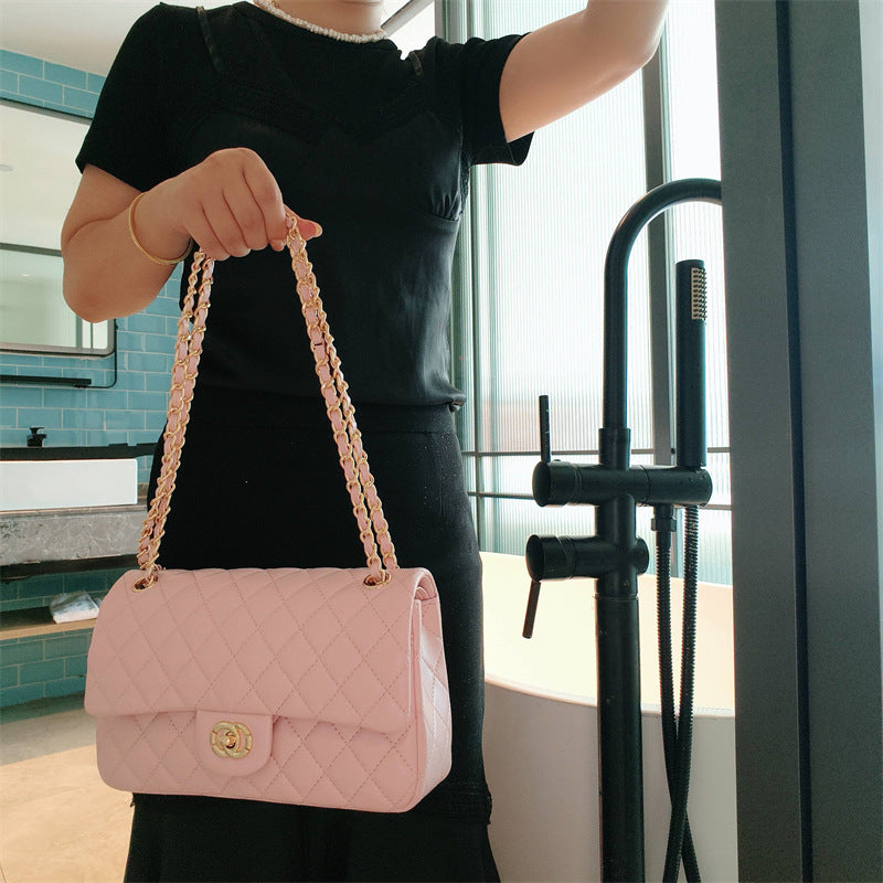 Genuine Lambskin Leather Diamond Quilted Chain Handbag for Women, New Arrival Fashionable Lock Buckle Shoulder Crossbody Purse, Premium Chic Bag for Ladies
