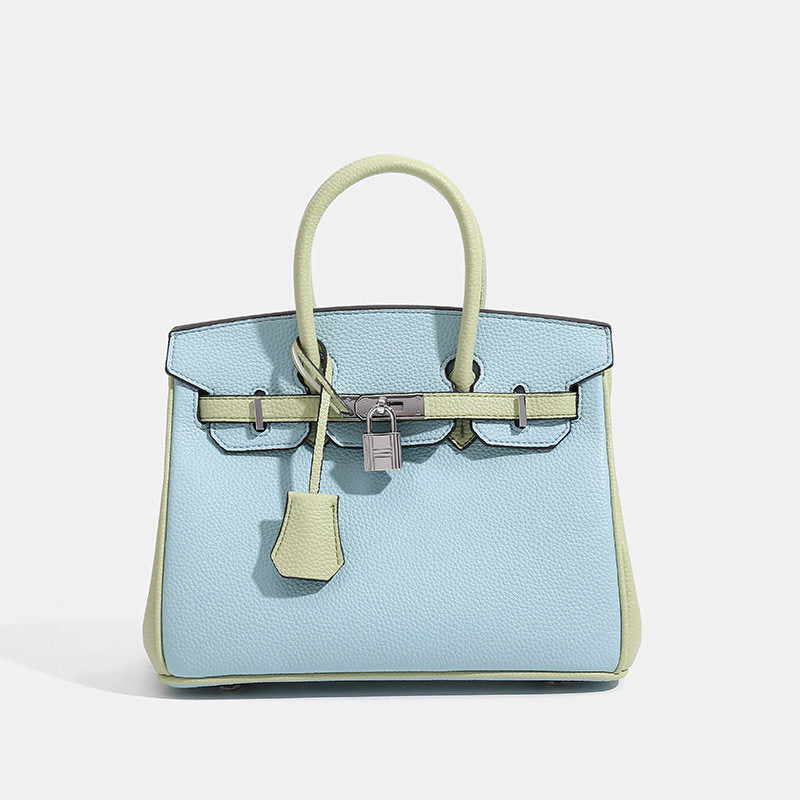 Genuine Pebbled Leather Birkin-Style Top Handle Bag for Women, New Arrival Large Capacity Color Block Purse, Premium Chic Handbag for Ladies