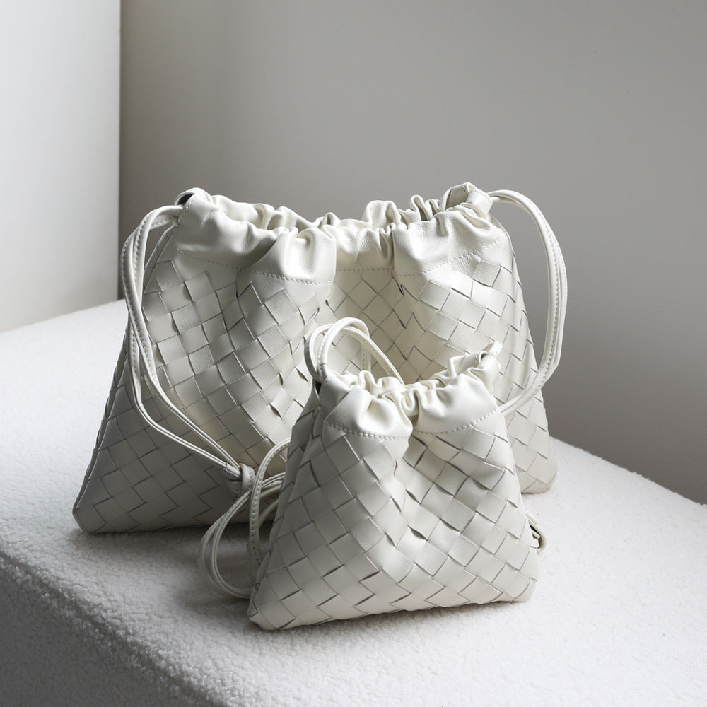 Sheepskin Woven Dumpling Drawstring Bag for Women Genuine Leather Underarm Shoulder Crossbody Handbag, Versatile Purse with Soft Textured Design