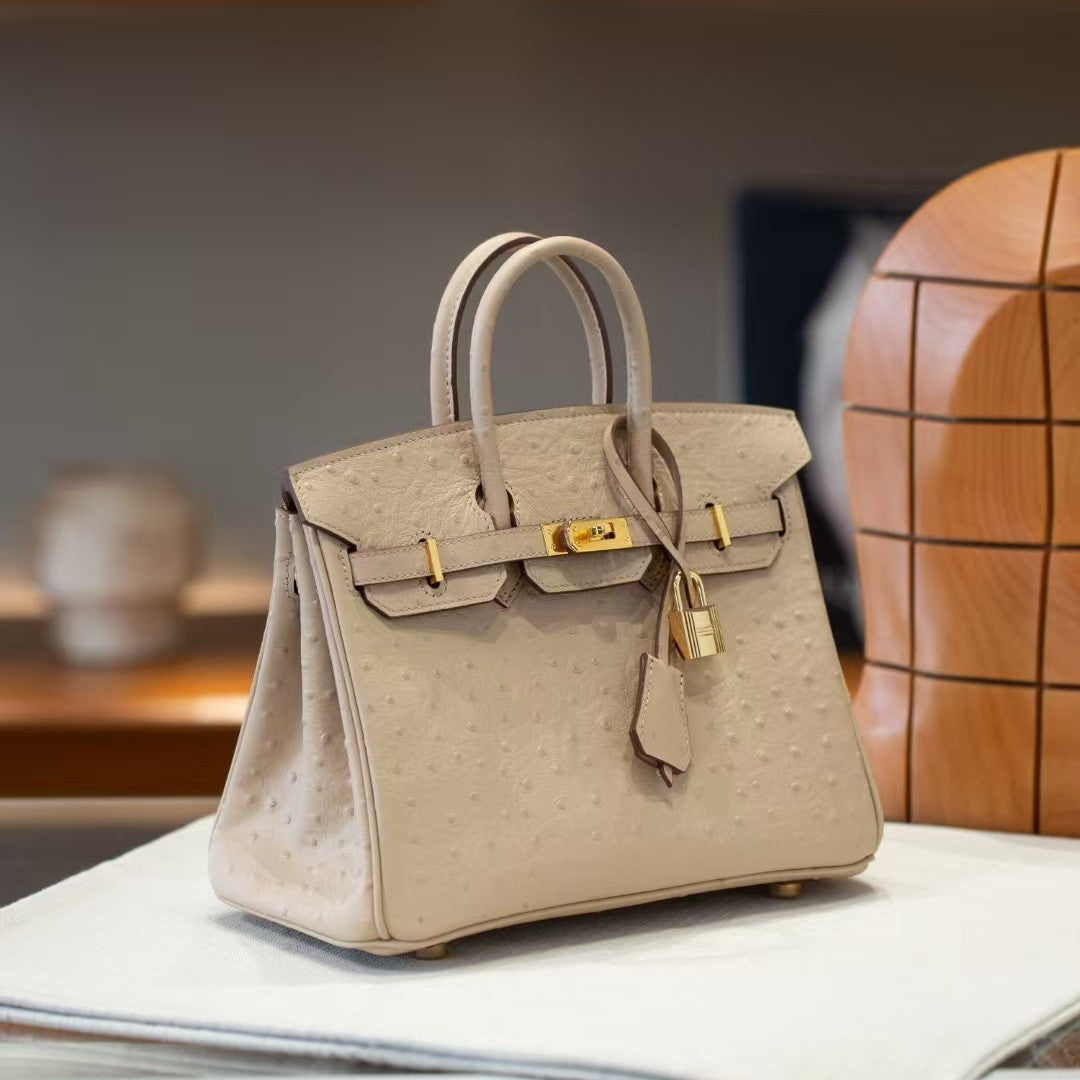 Genuine Top Layer Cowhide Ostrich-Embossed Birkin-Style Bag for Women, New Large Capacity Casual Top Handle Handbag, Premium Leather Purse for Ladies