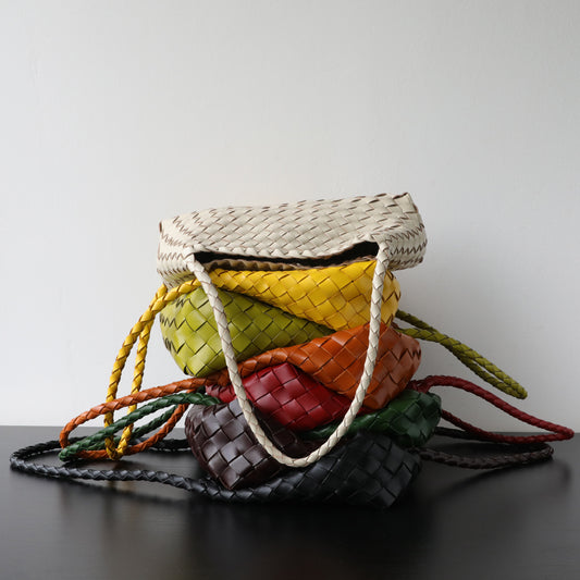 Top Layer Cowhide Handwoven Basket Bag for Women Light Luxury French Vintage Shoulder Underarm Handbag, Genuine Leather Purse with Artisan Texture