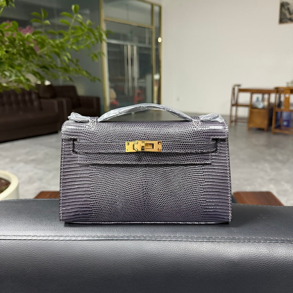 Genuine Top Layer Cowhide Lizard-Embossed Kelly-Style 22cm Bag for Women, Hand-Stitched Waxed Thread with Hand-Hammered Hardware, Lambskin Lining Square Purse with Full Steel Hardware for Ladies