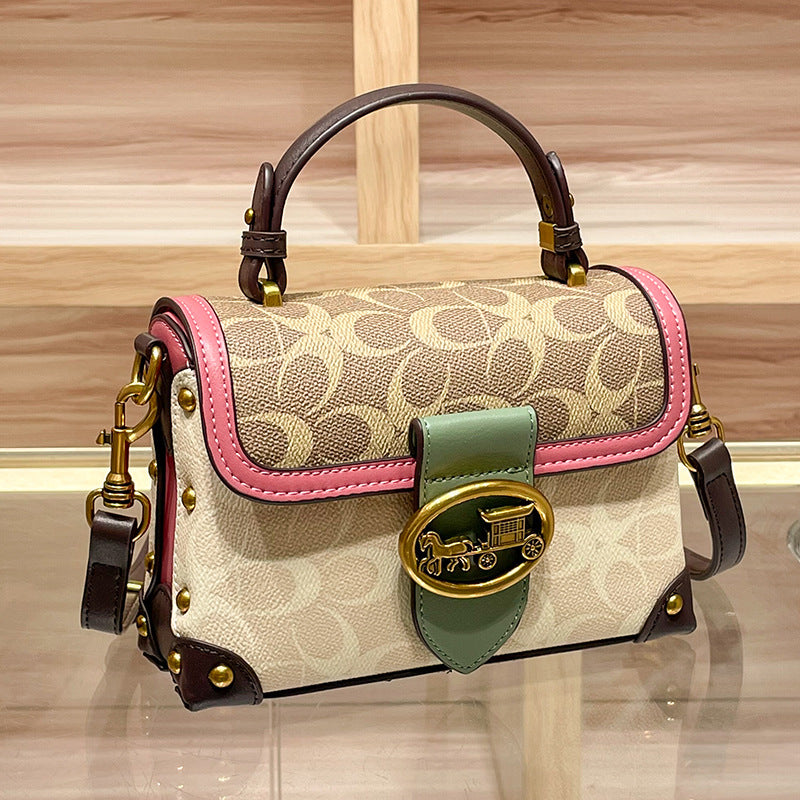 Genuine Leather Color Block Printed Box Bag for Women, Niche Fashionable Premium Shoulder Crossbody Purse, Unique Designer Handbag for Ladies