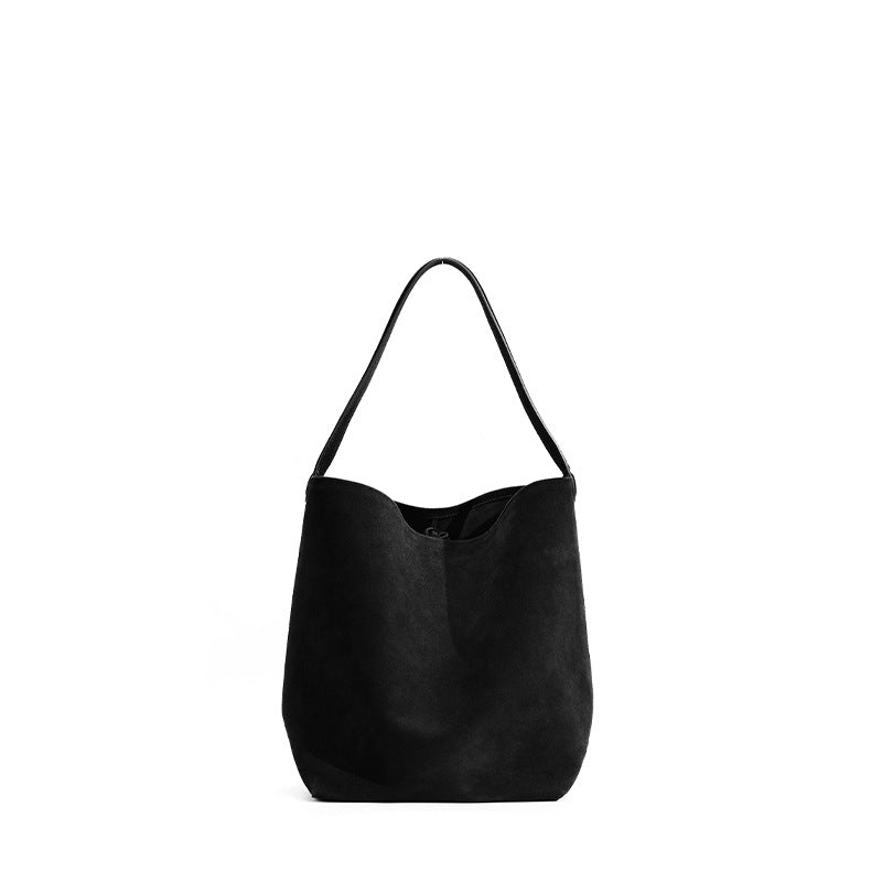 Genuine Matte Leather Bucket Bag for Women, Niche Versatile Solid Color Commute Shoulder Top Handle Purse, Premium Large Capacity Handbag for Ladies