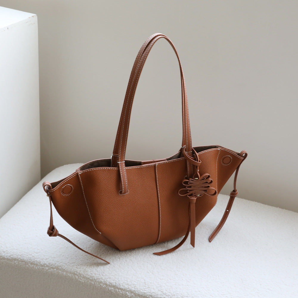 Top Layer Cowhide Pleated Wing Tote Bag for Women Commuter Shoulder Handbag, Premium Genuine Leather Purse with Elegant Draped Design