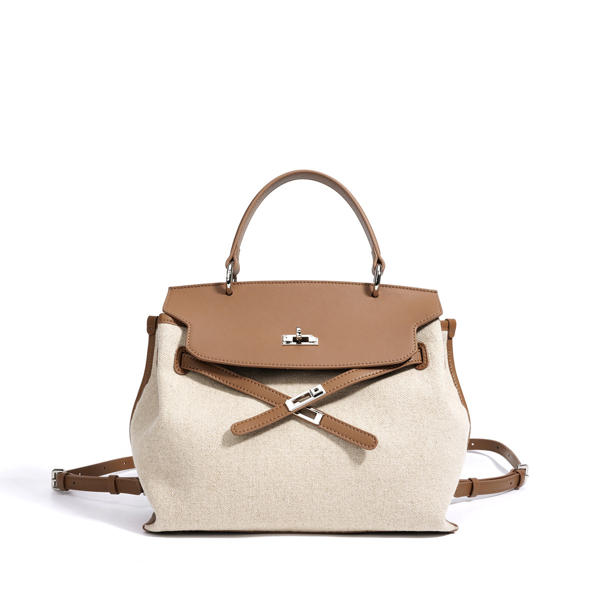 Genuine Leather & Linen Versatile Top Handle Backpack for Women, Korean Style High-End Commute Daypack, Premium Casual Bag for College Students and Ladies