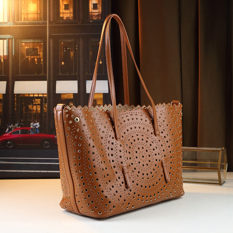 Laser Perforated Letter Tote Bag for Women Vintage Large Capacity Shoulder Crossbody Handbag, Artistic Hollow Carved Design with Versatile Style
